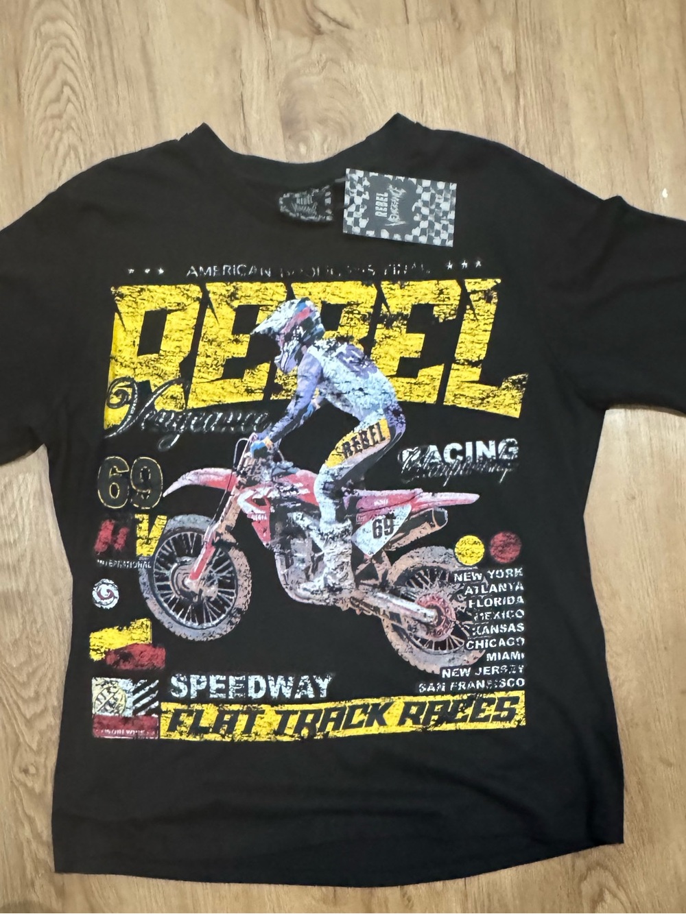 rebel Black Short Sleeve Moto Graphic Tee with Yellow Lettering